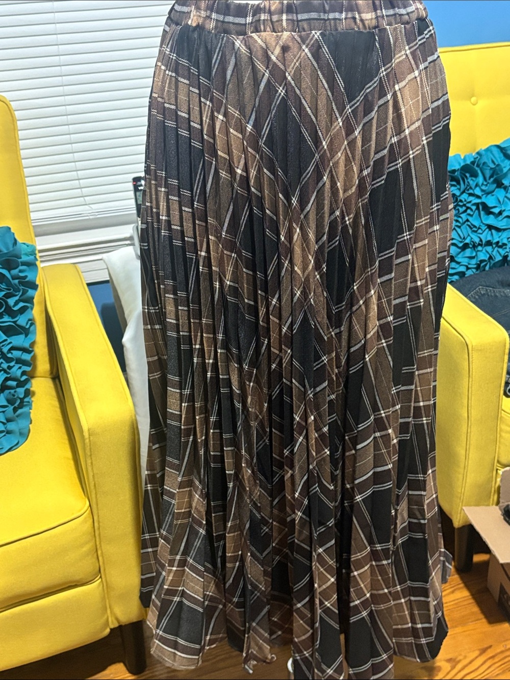 Brown Plaid pleated Maxi Skirt - Versatile Women's Skirt